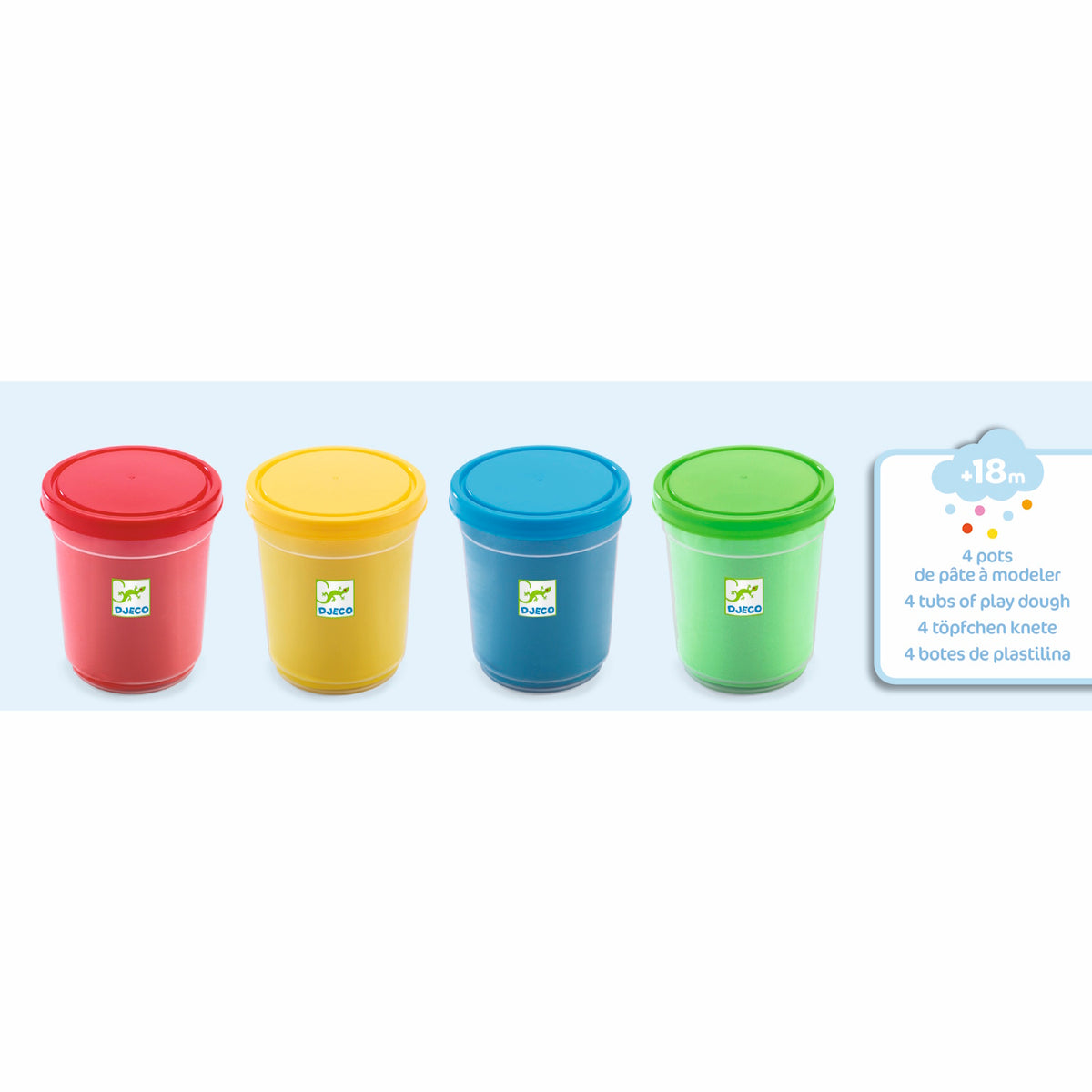 Four tubs of play dough in red, yellow, blue, and green, packaged in a cardboard box labeled for children 18 months and older.