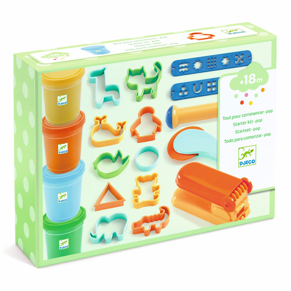 The kit includes four pots of ultra-soft, scented play dough in yellow, green, orange, and blue, each containing 140g. It also features 15 sturdy accessories tailored for little hands, such as a press, pattern templates, a cutter, a rolling pin, and 12 shaped cutters.