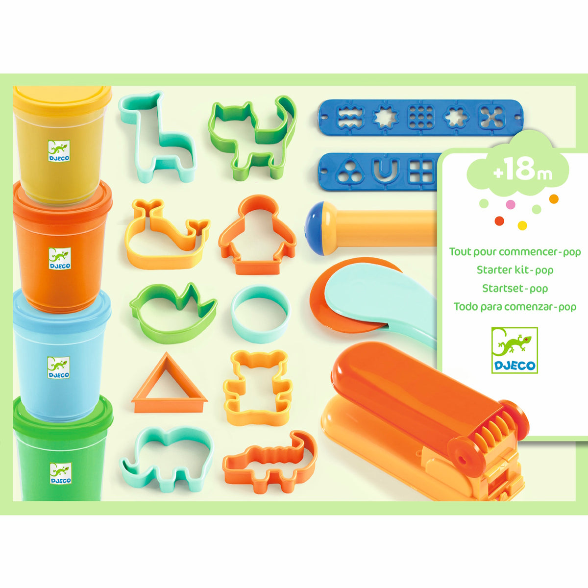The kit includes four pots of ultra-soft, scented play dough in yellow, green, orange, and blue, each containing 140g. It also features 15 sturdy accessories tailored for little hands, such as a press, pattern templates, a cutter, a rolling pin, and 12 shaped cutters.