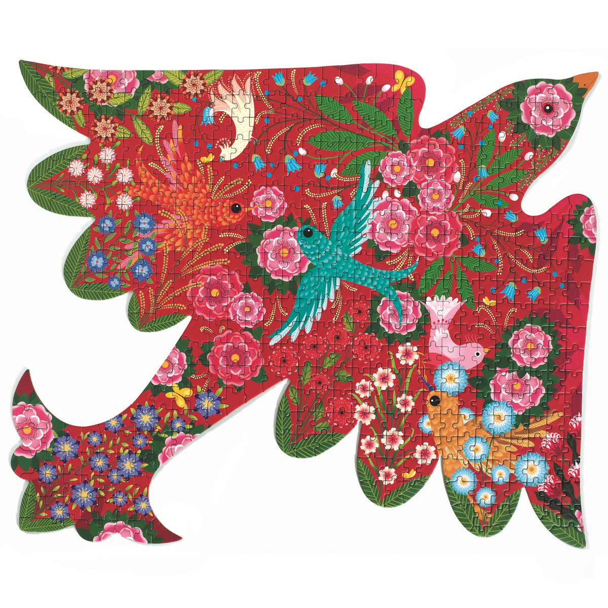 Colorful bird-shaped puzzle featuring vivid floral patterns, bright blossoms, and green leaves on a red background. A turquoise bird is central.