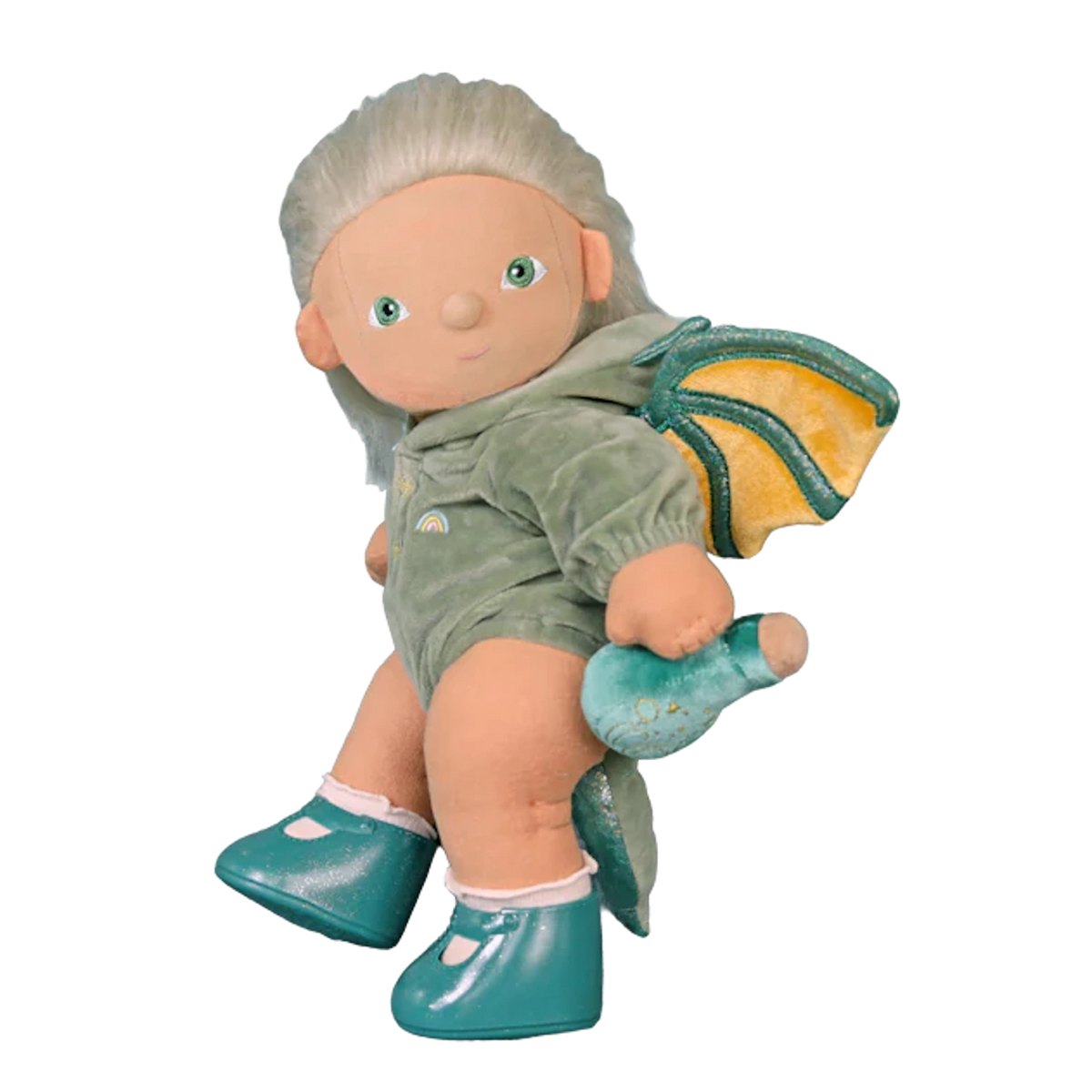 Plush doll with green dragon wings and a tail, wearing a green outfit and teal shoes.