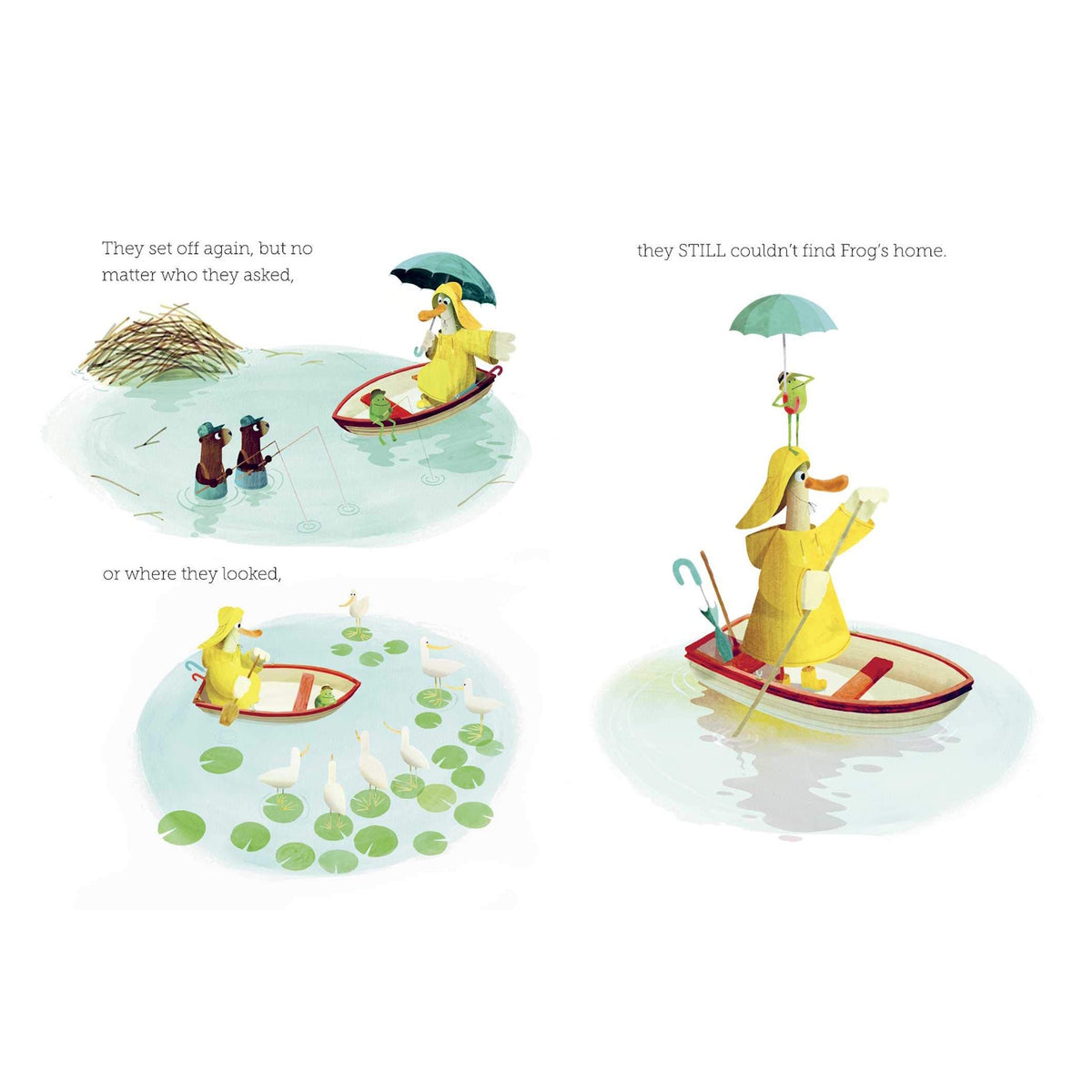 Duck in a yellow raincoat and a frog in a boat searching for a home in a children’s book illustration.