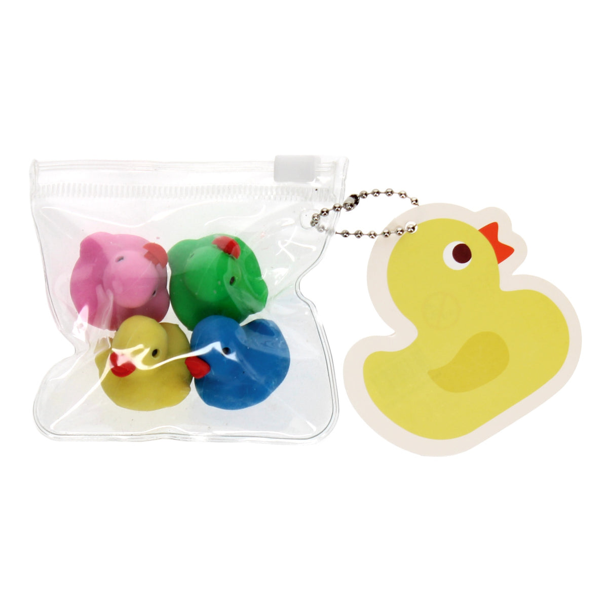 A clear bag holding four colorful rubber duck toys: pink, green, yellow, and blue, alongside a yellow duck keychain tag.