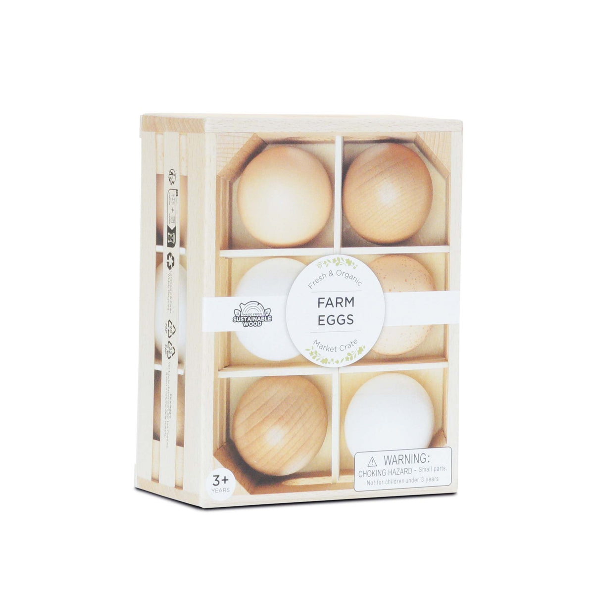 Packaging box for wooden toy farm eggs crate set on a white background.