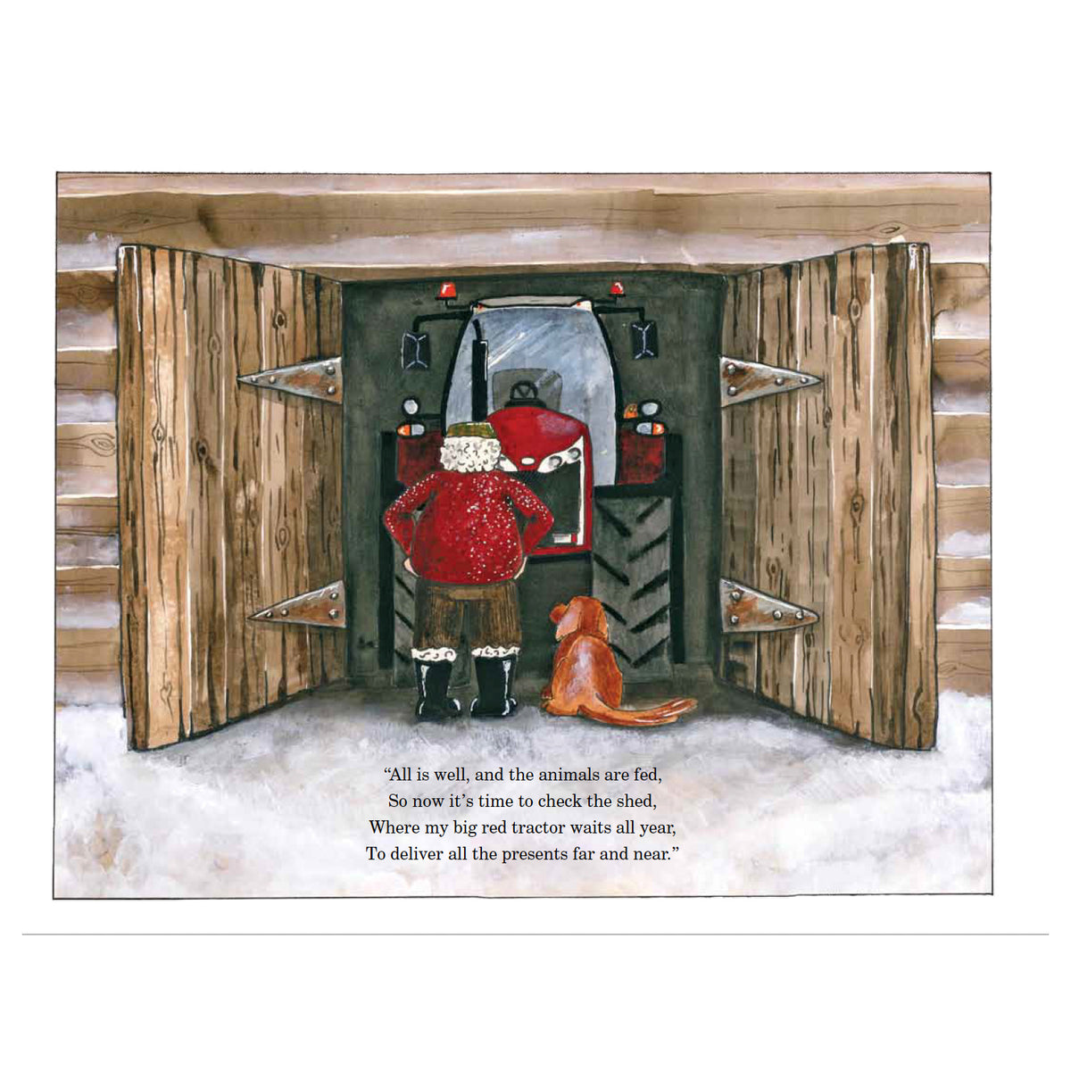 A person in a Santa outfit and a dog stand in a snow-framed open barn, looking at a large red tractor. Wooden doors add a rustic charm.