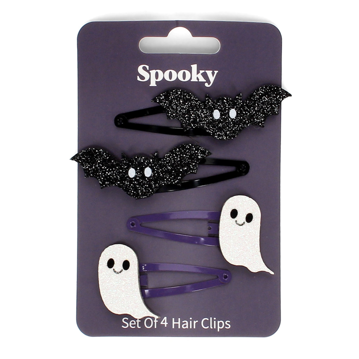 Set of four Halloween hair clips featuring two black glitter bats and two white glitter ghosts on a card.