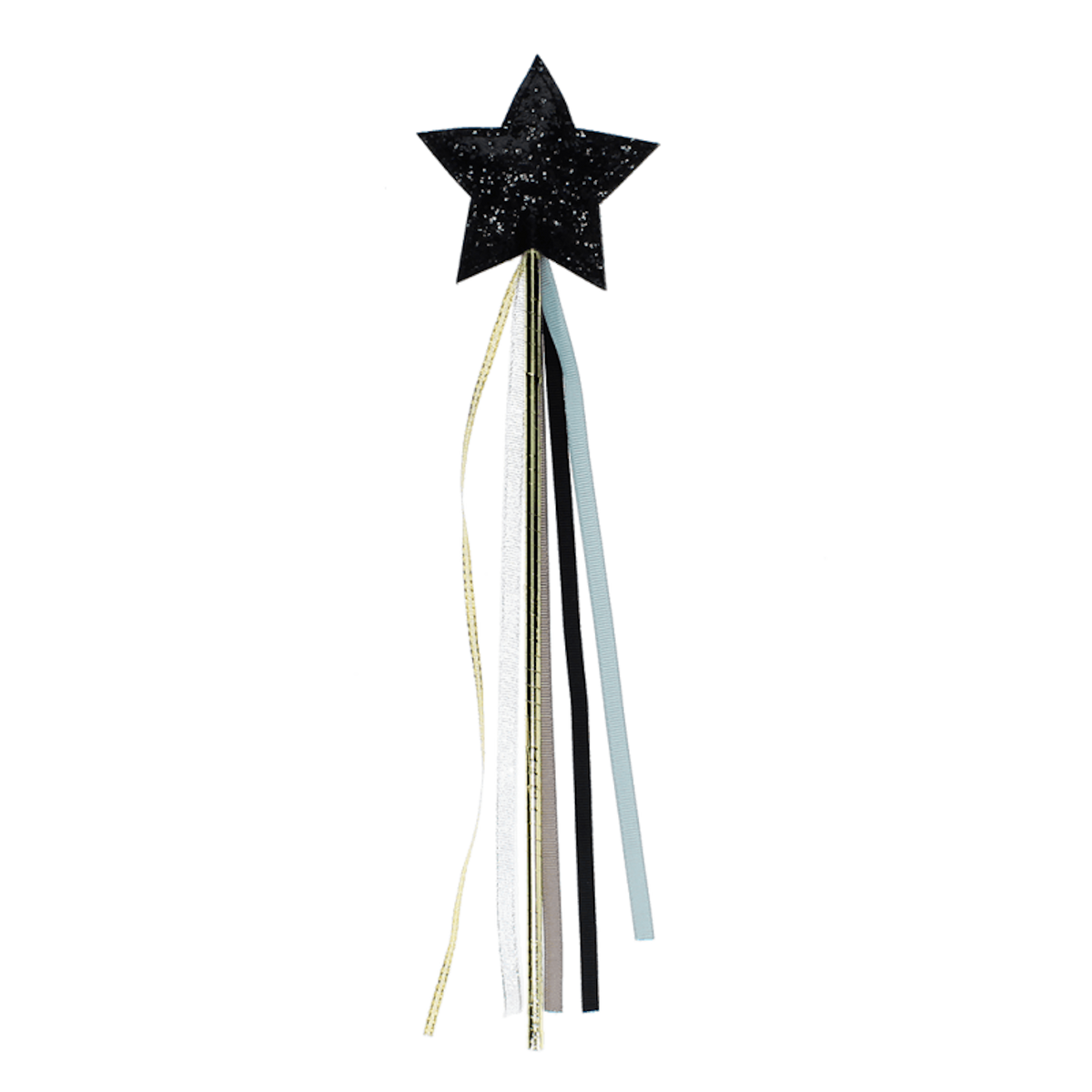 Black glittery star magic wand featuring trailing ribbons on a plain black background.