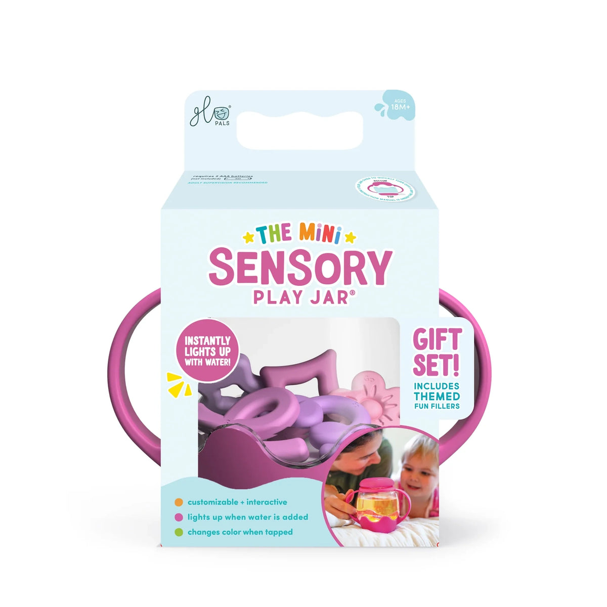 Glo Pals pink Mini Sensory Play Jar gift set box with handles and light-up fillers.