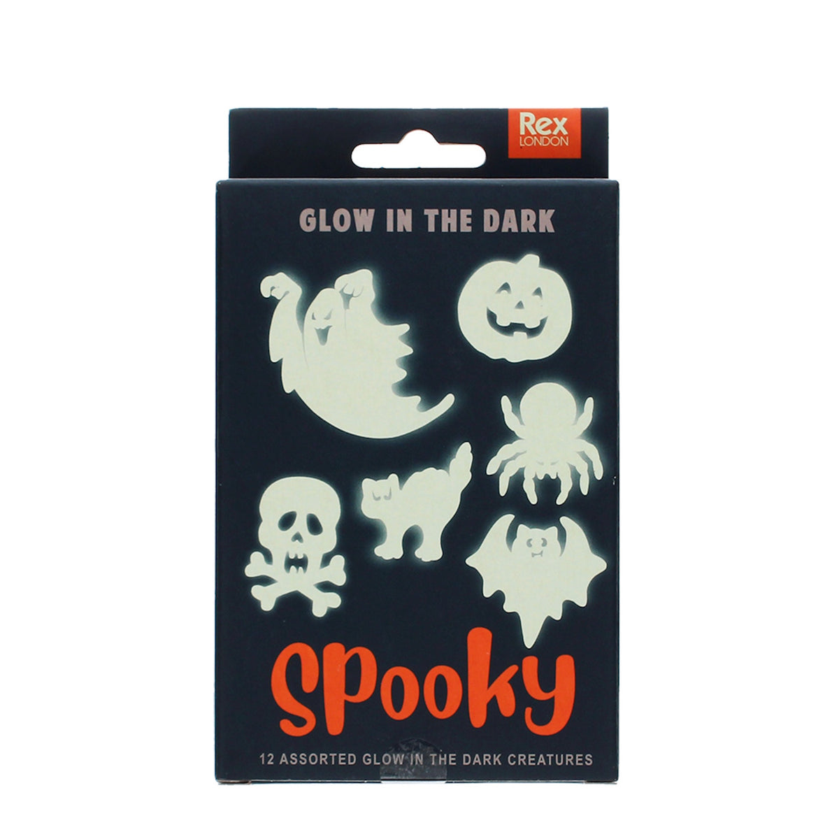 Packaging for Rex London Spooky glow-in-the-dark creatures set featuring Halloween-themed shapes.