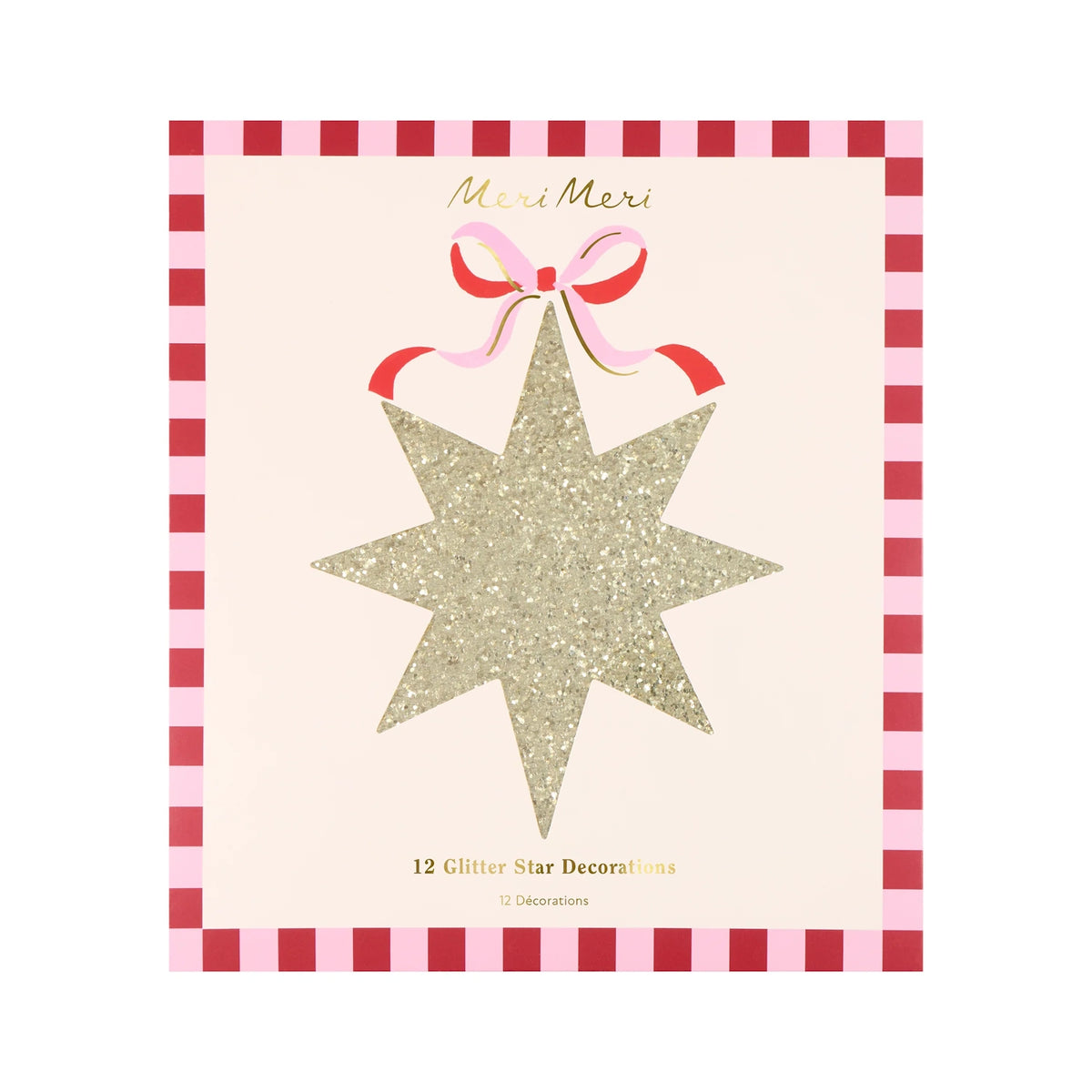 Meri Meri gold glitter star decoration package with a pink bow and red checkered border.
