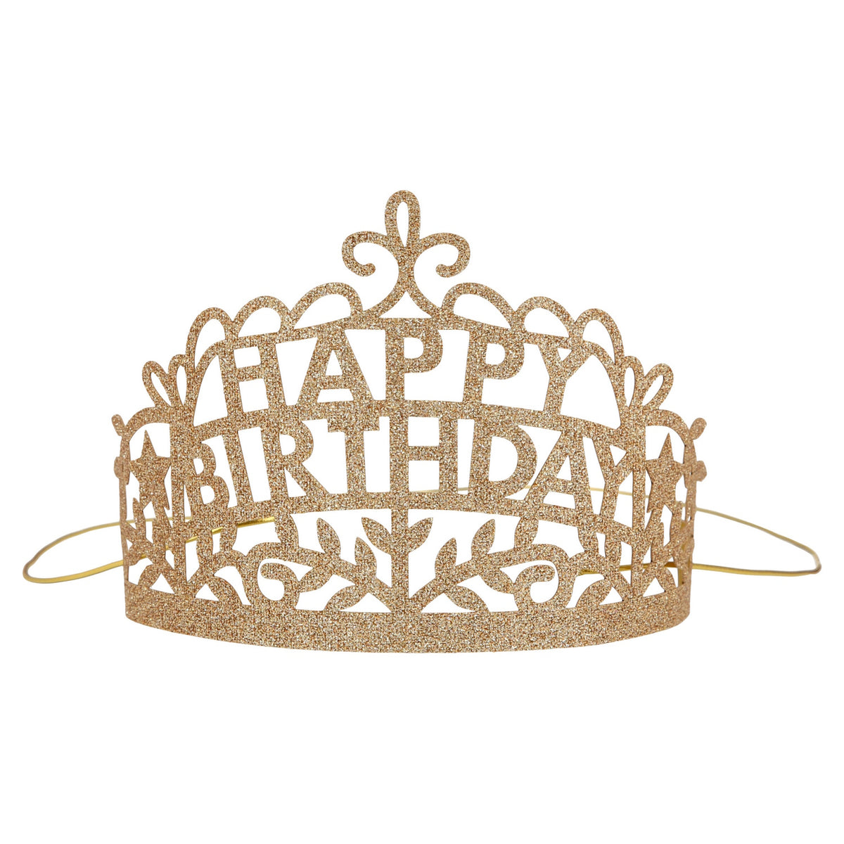 Gold glitter Happy Birthday party tiara with intricate filigree details and an elastic band for party celebrations.