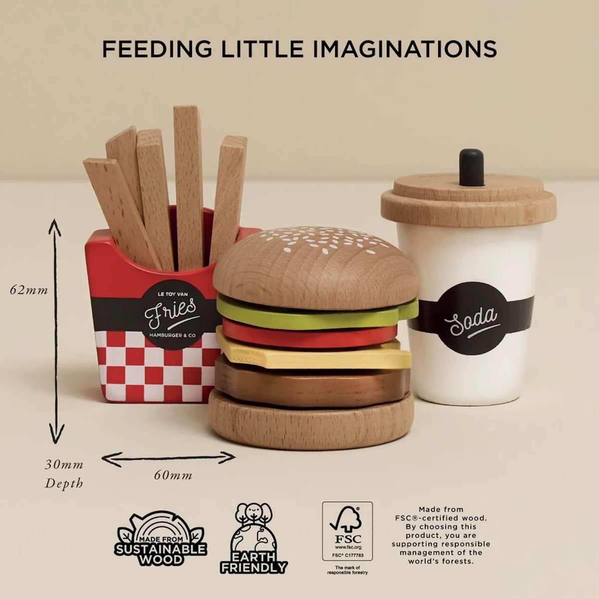 Wooden fast food toy set showing dimensions, sustainable wood icons, and FSC certification details.