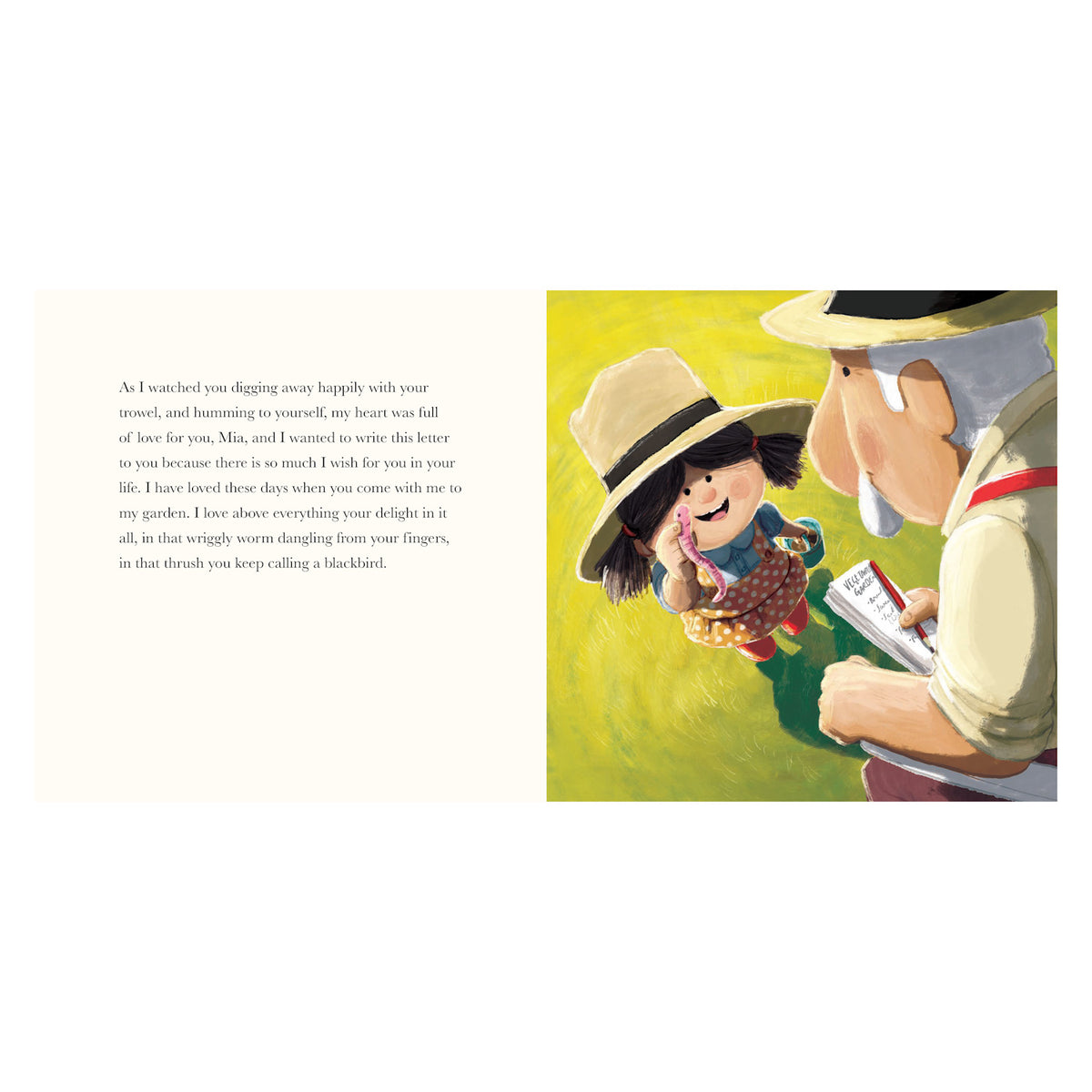 A young girl and an elderly man in wide-brimmed hats share a moment in a garden. The girl holds a worm excitedly, while the man reads aloud from a notebook. Bright, cheerful colors convey warmth and happiness.