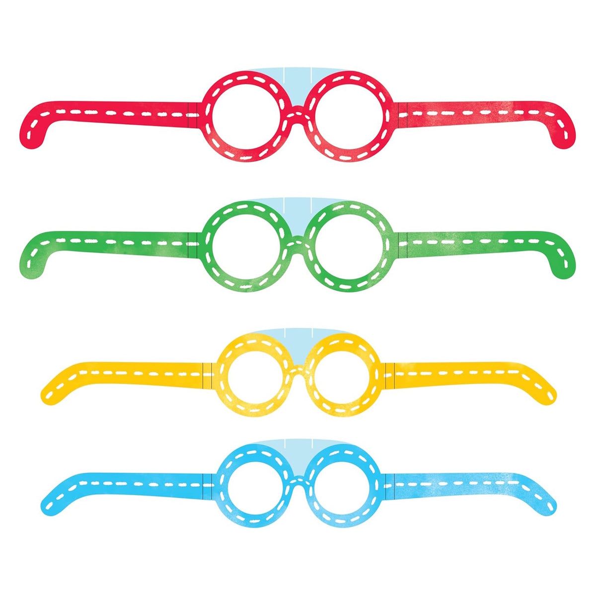 Four pairs of colorful paper glasses in red, green, yellow, and blue lined up vertically.