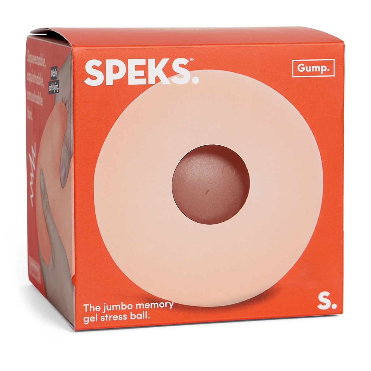 Box for a Speks jumbo memory gel stress ball with a red-orange design. The front shows a circular tan ball with a central indentation, exuding a calming vibe.