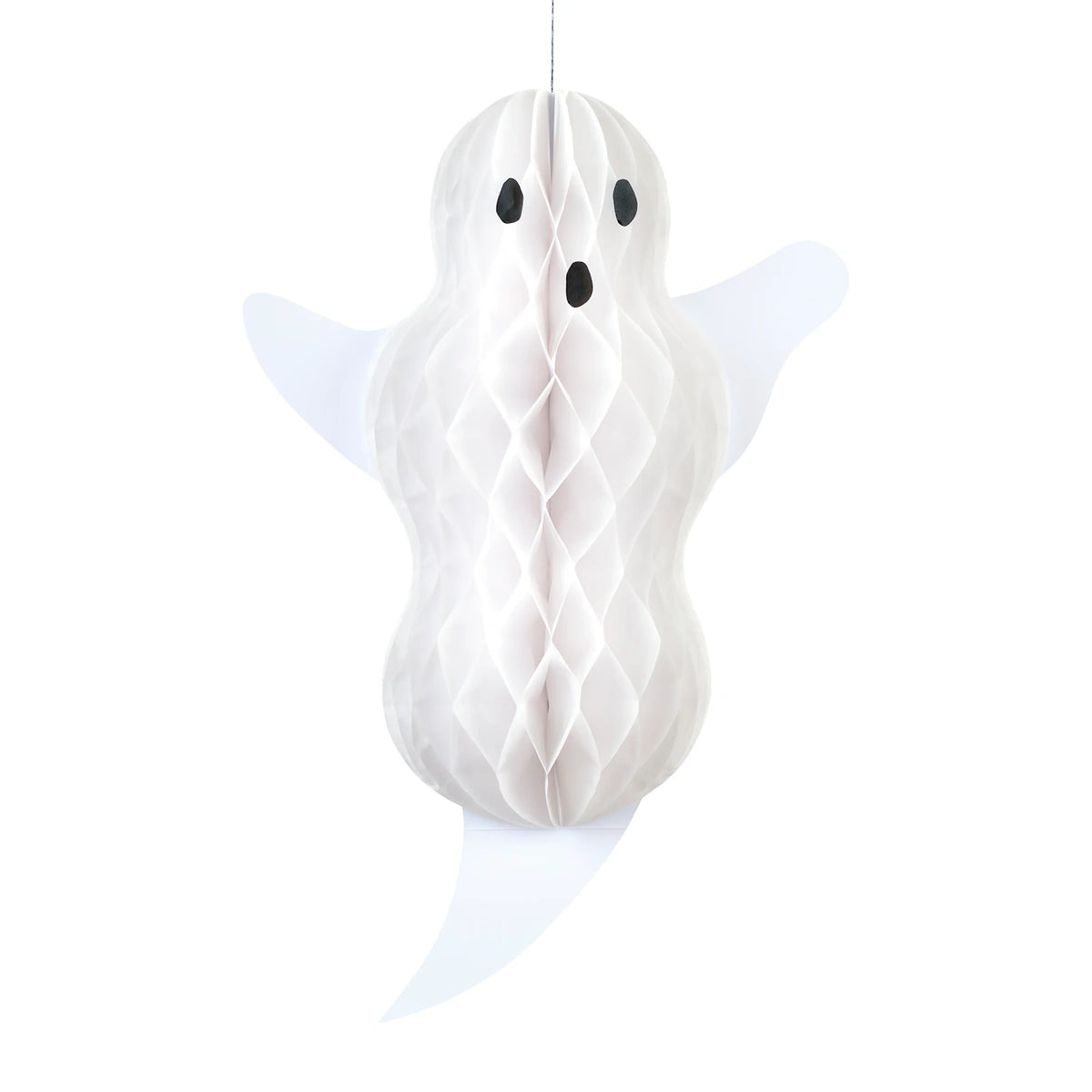 Single white paper honeycomb ghost decoration with open arms isolated on a white backdrop.