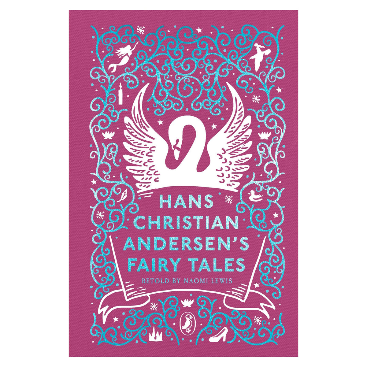 Hans Christian Andersen's Fairy Tales book cover with a white swan, blue filigree, and mermaid on a pink background.