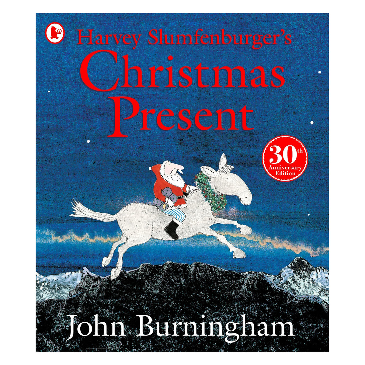 Book cover for Harvey Slumfenberger’s Christmas Present by John Burningham featuring Santa riding a horse over mountains.