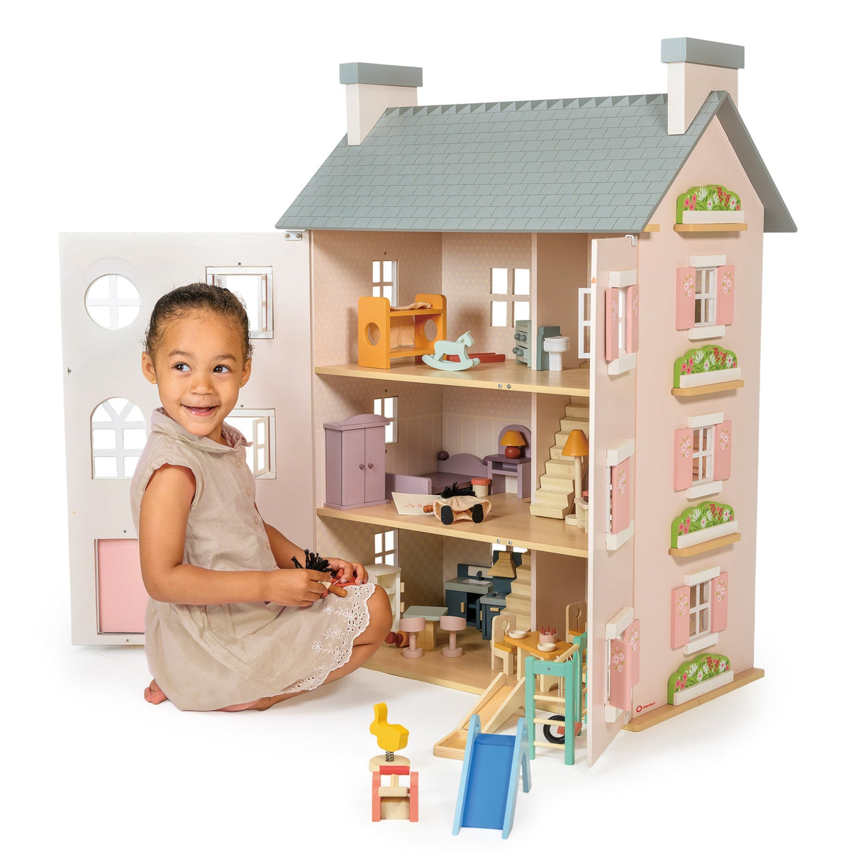 Heather Hall dolls house viewed from above with the roof open