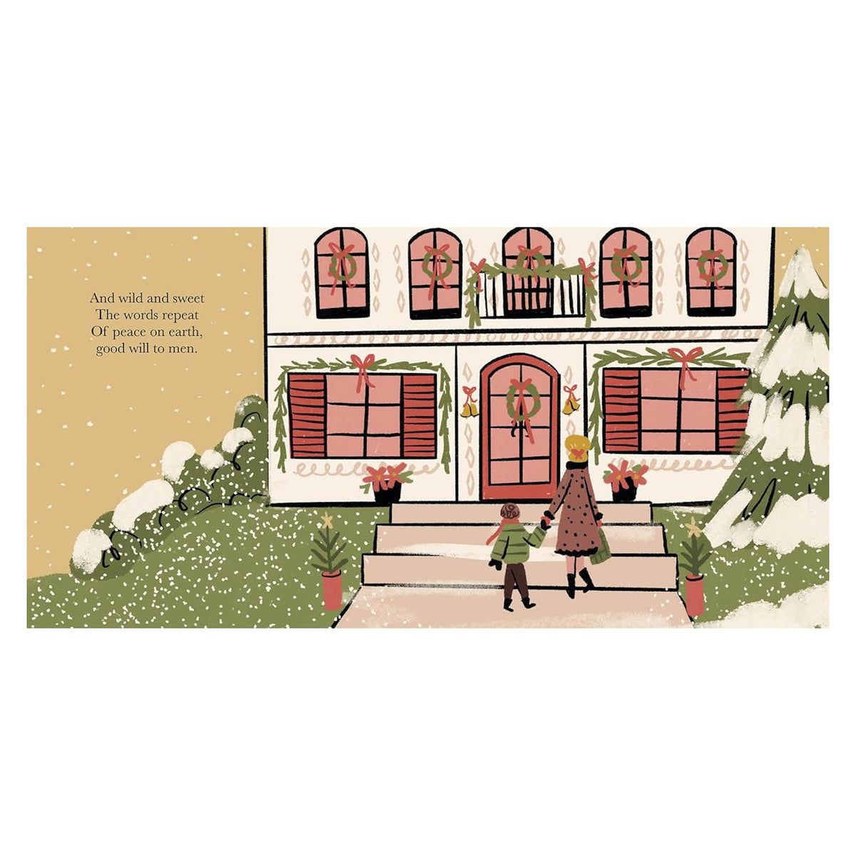 Illustration of a woman and child walking toward a festive, snow-covered house with Christmas wreaths and caroling lyrics.