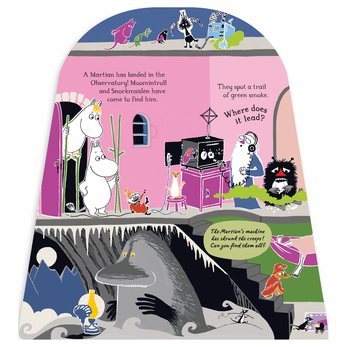 Moomin storybook page showing Moomintroll, Snorkmaiden, and Little My in an observatory searching for a Martian.