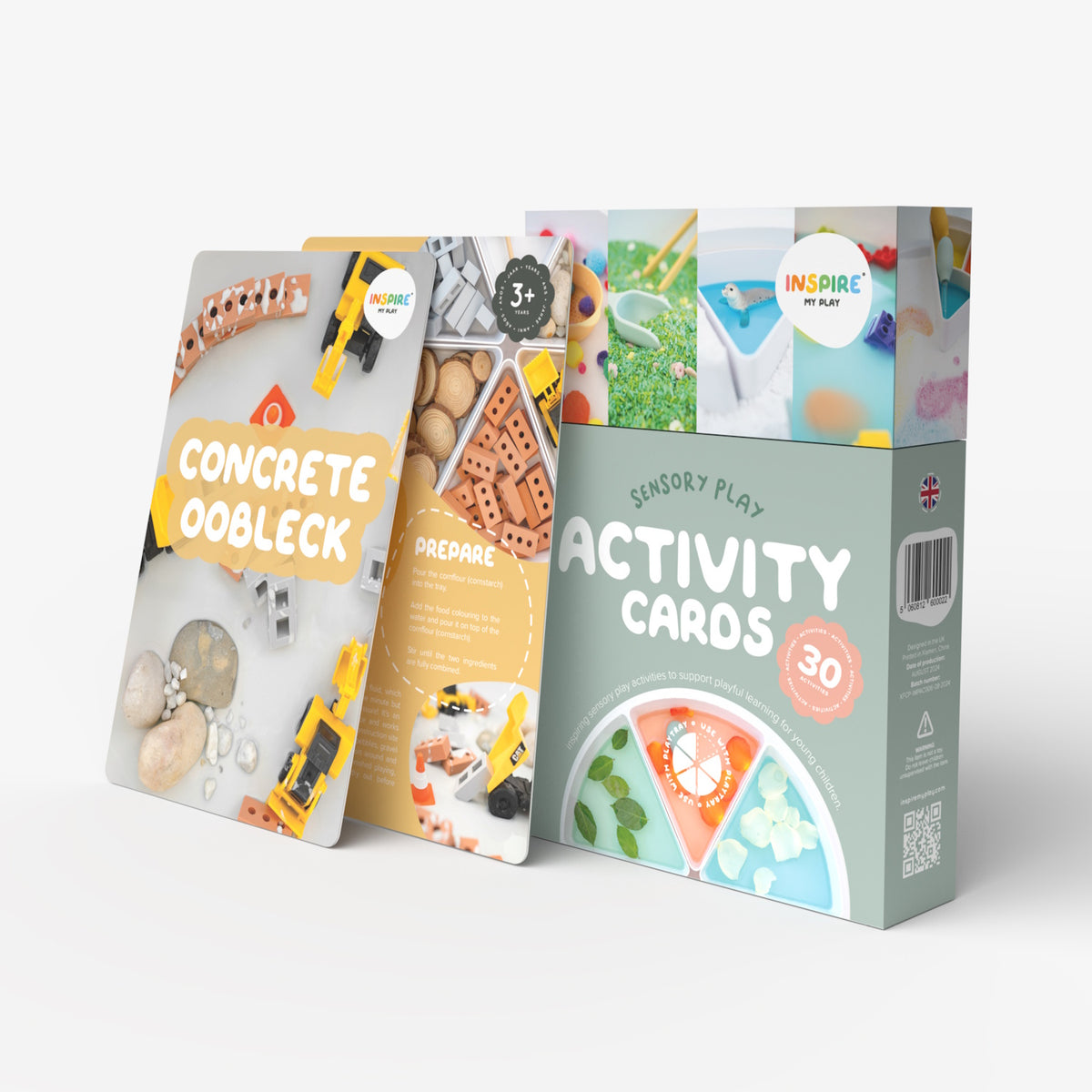 Box of "Sensory Play Activity Cards" with vibrant images of toys and colorful activities, promoting playful learning for young children.