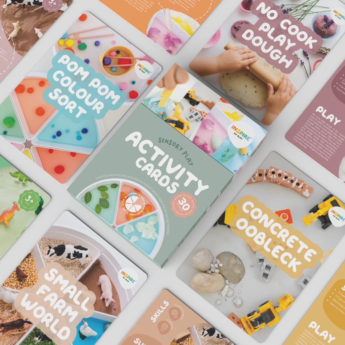 Box of "Sensory Play Activity Cards" with vibrant images of toys and colorful activities, promoting playful learning for young children.