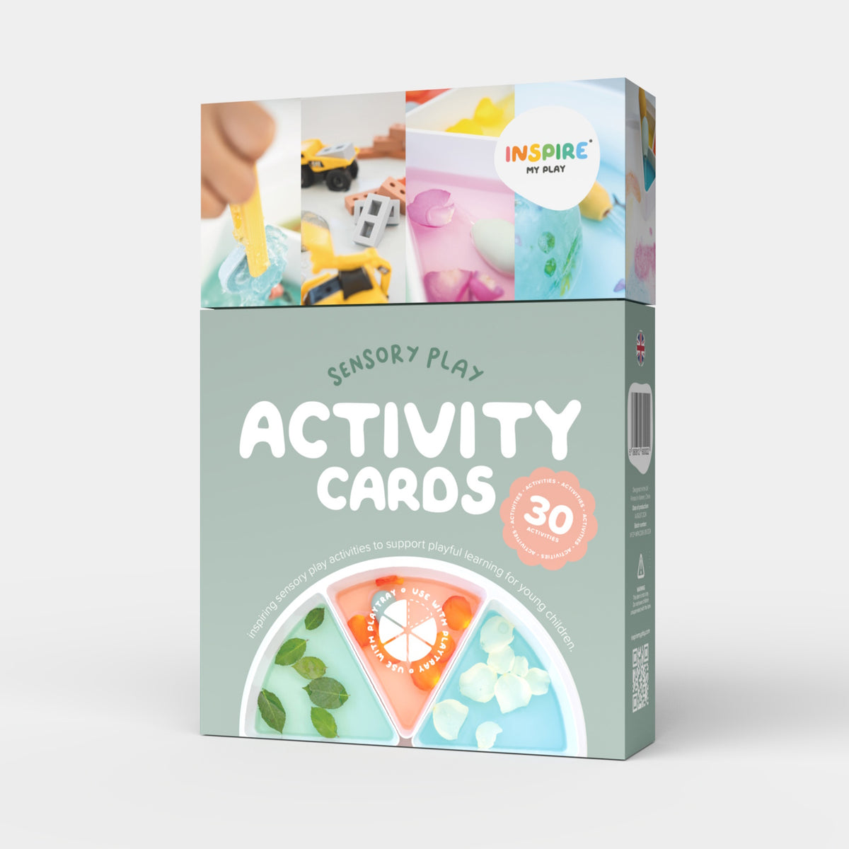 Box of "Sensory Play Activity Cards" with vibrant images of toys and colorful activities, promoting playful learning for young children.