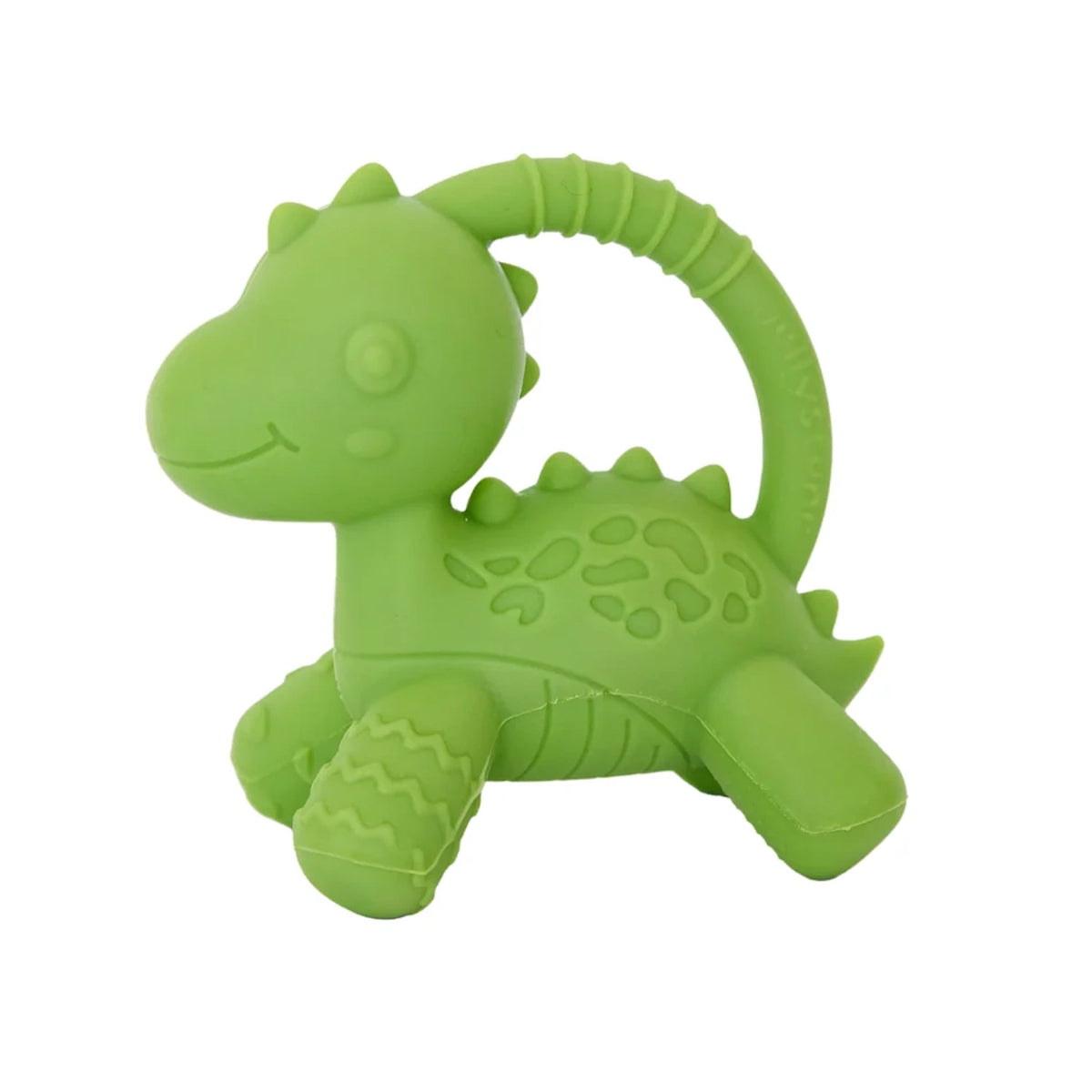 Jellystone Designs green silicone dinosaur teether with a curved ring handle.