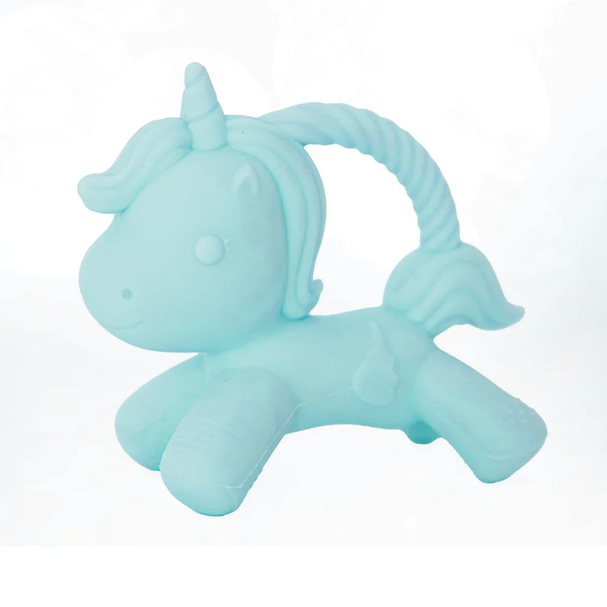 Light blue unicorn-shaped baby teether toy with textured mane and handle on a plain white background.