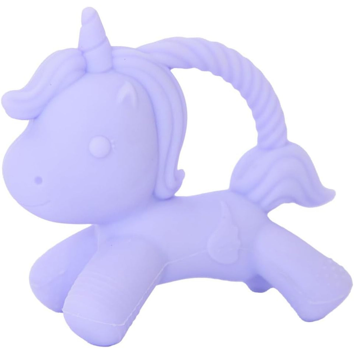 Jellystone Designs lilac silicone unicorn teether with a curved ring handle.