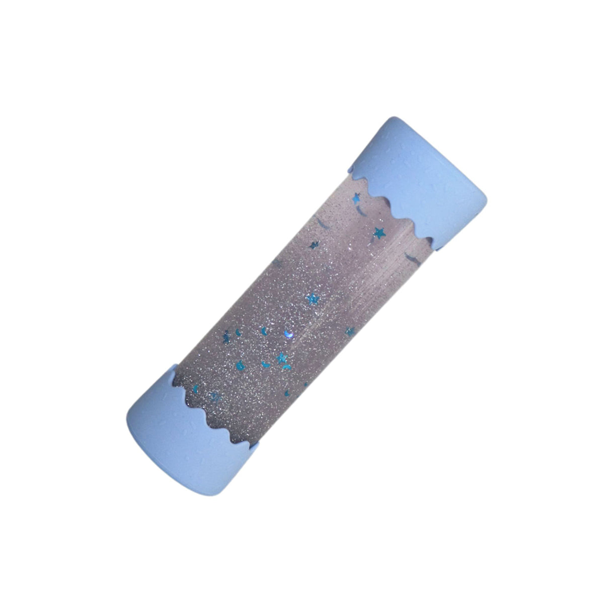 A sensory calm-down bottle with shimmering silver glitter and holographic sparkles, featuring soft pastel blue silicone ends.