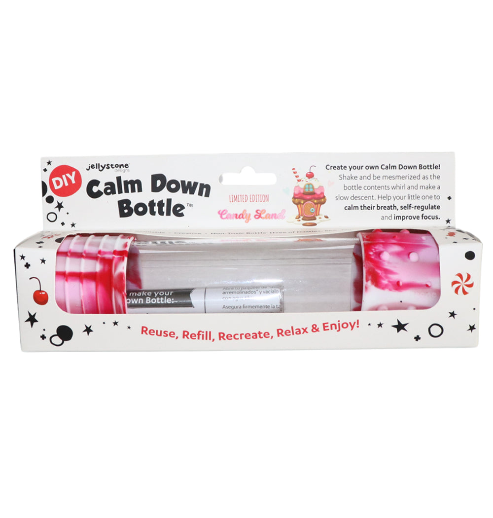 Packaged Jellystone Designs DIY Calm Down Bottle in the Candy Land edition, displayed in a white box with red accents and playful candy illustrations.