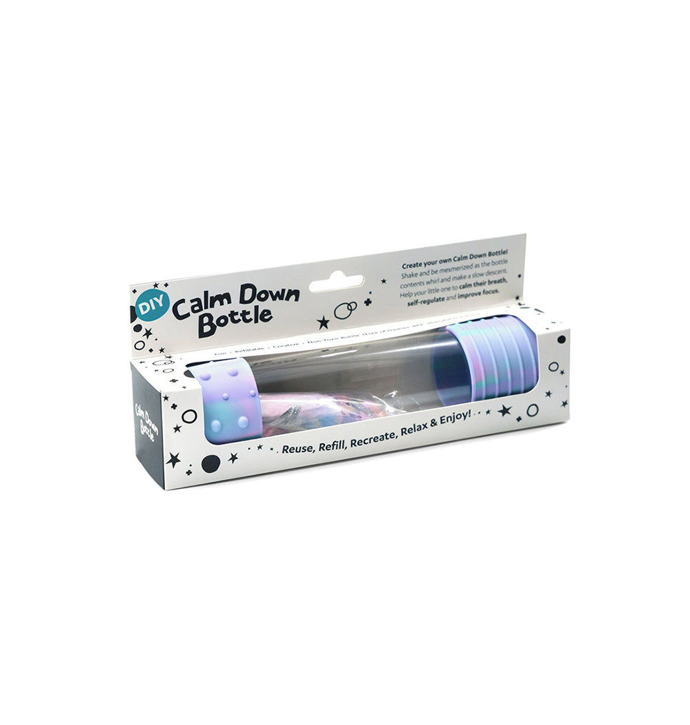 Packaged Jellystone DIY Calm Down Bottle in unicorn colours, featuring pastel swirls and soft silicone ends.
