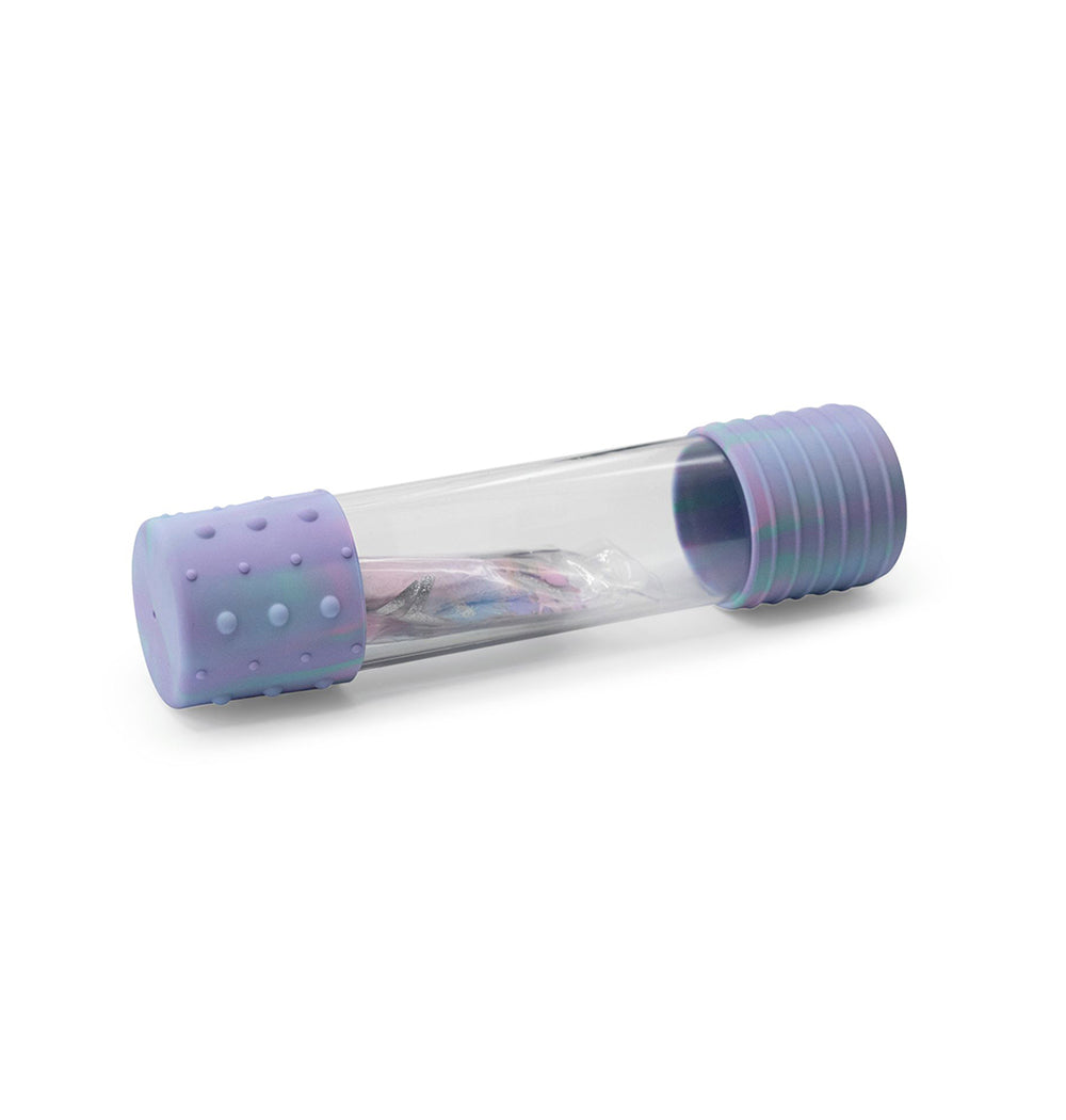 Unpackaged Jellystone DIY Calm Down Bottle in unicorn colours, with a clear tube and pastel silicone end caps.