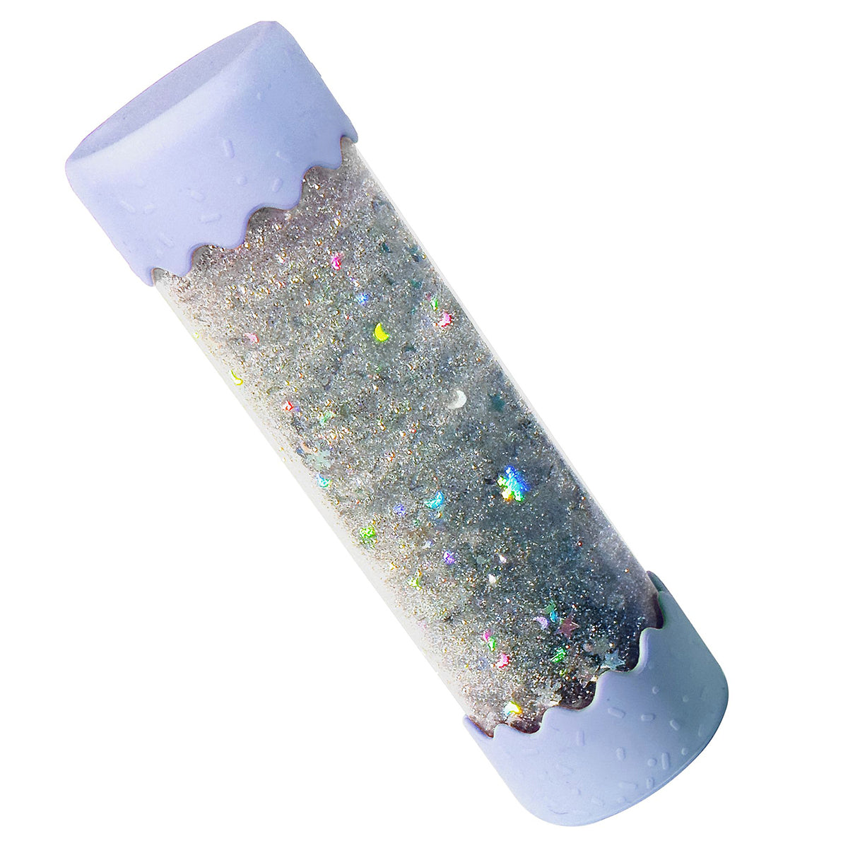 A sensory calm-down bottle filled with floating blue star-shaped glitter and silver sparkles, with pastel blue silicone ends.