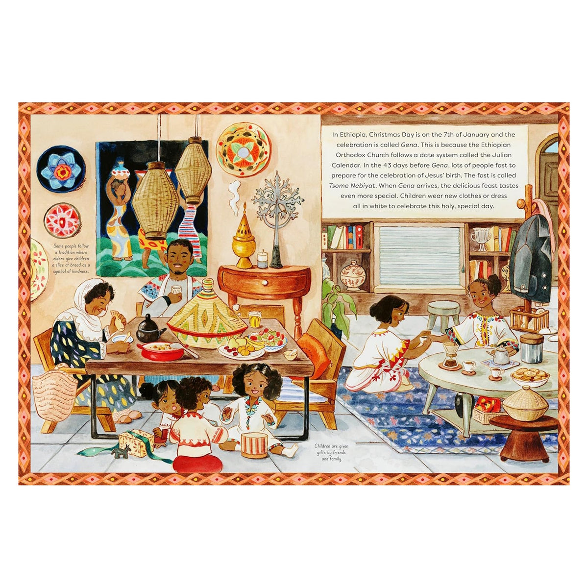 Children celebrating Gena (Ethiopian Christmas) with a traditional feast, white clothing, and gifts in a vibrant home.