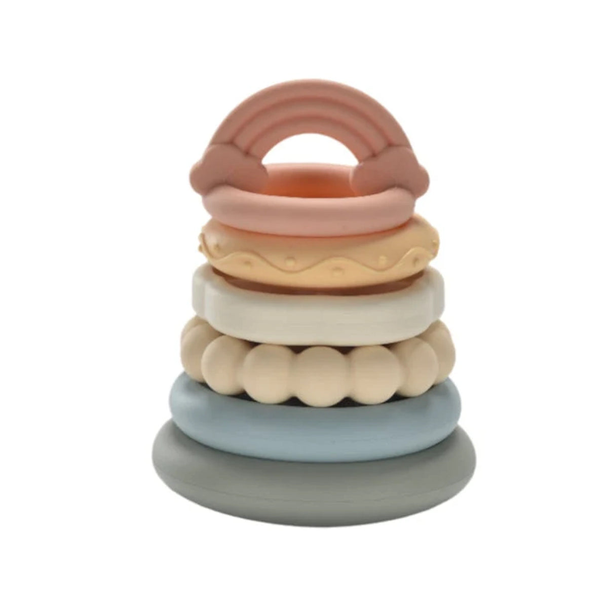 Pastel silicone rainbow stacking tower toy topped with a rainbow ring shown in a front view.