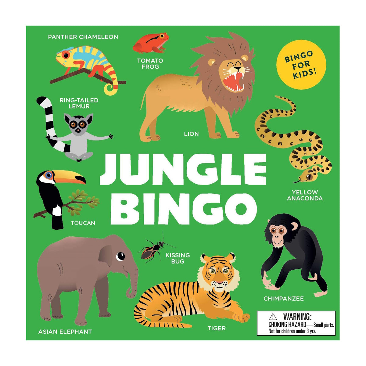 Illustrated Jungle Bingo game cover with a lion, tiger, chameleon, frog, lemur, toucan, elephant, anaconda, chimpanzee, and text "Bingo for Kids" on a green background.