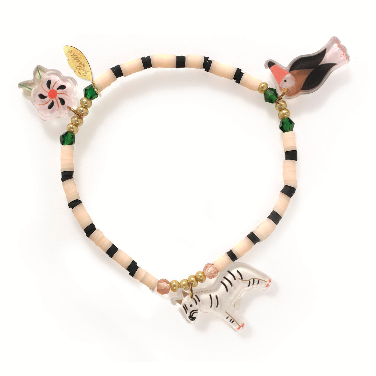 A colorful bracelet features small black and beige beads. It has charms of a zebra, flower, and bird, creating a playful, whimsical tone.