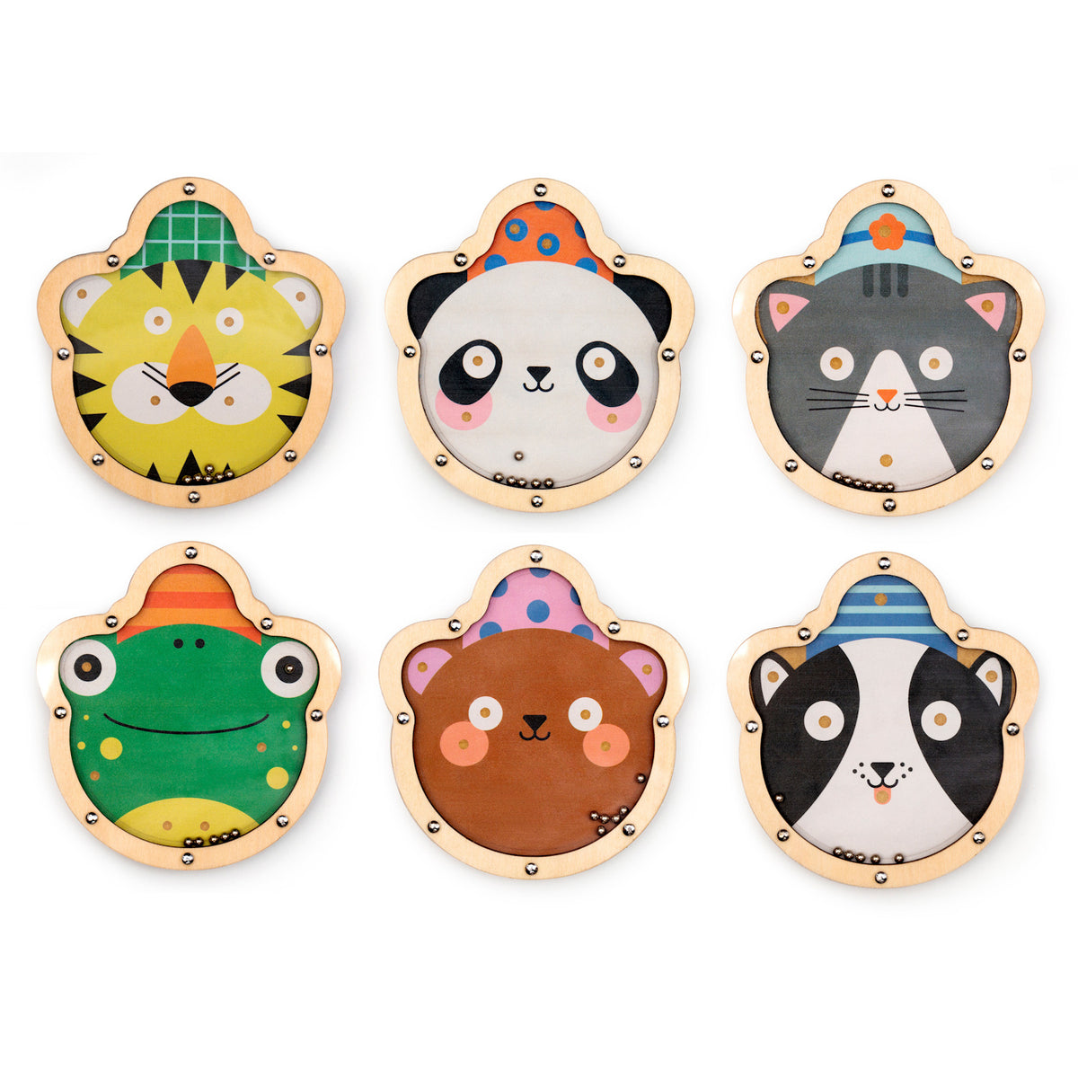 Six colorful wooden animal faces with hats: a lion, frog, panda, bear, cat, and dog. Playful design with decorative patterns and cheerful expressions.