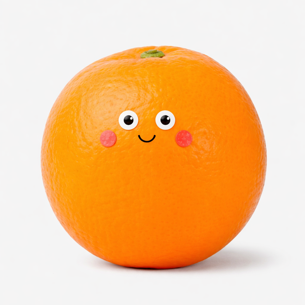 A bright orange with cartoon eyes, rosy cheeks, and a smiling mouth on a white background. The orange's expression is cheerful and playful.