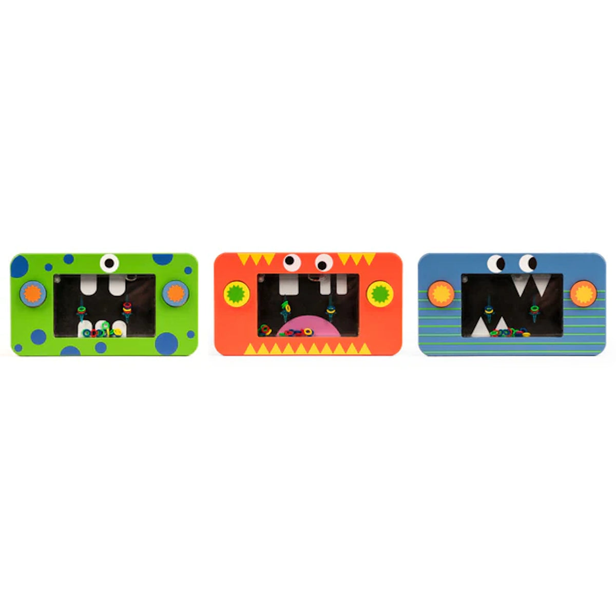 Three colorful rectangular boxes with monster faces: green with blue spots, orange with zigzag teeth, and blue with stripes. Playful and whimsical design.