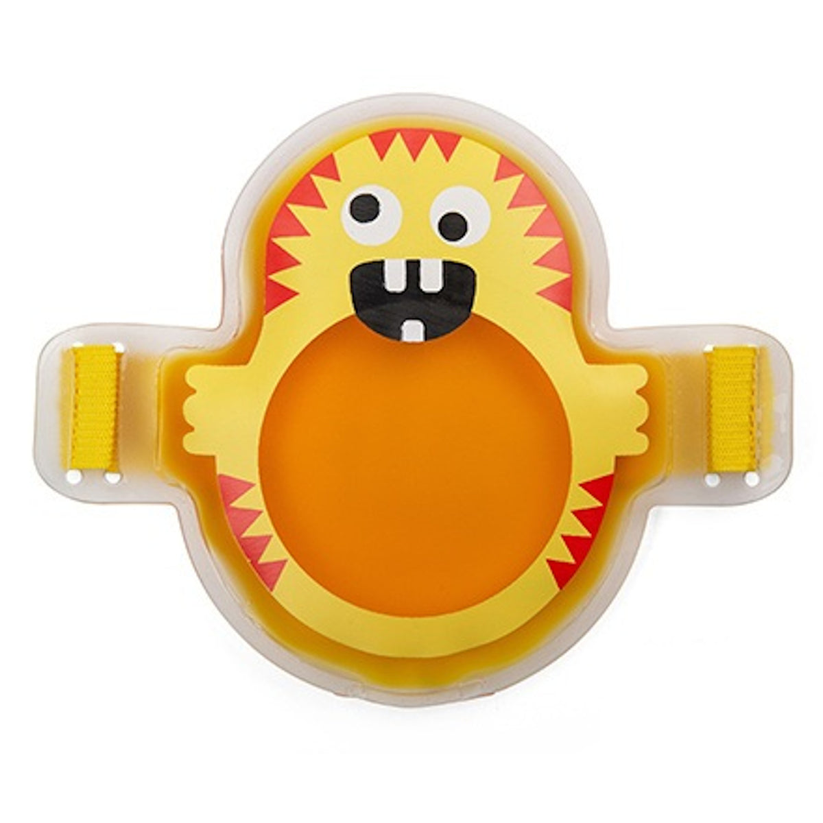 Yellow, monster-shaped children's plate with red zigzag edges and a smiling face with two big teeth. Two yellow straps are attached on the sides. Playful and fun.