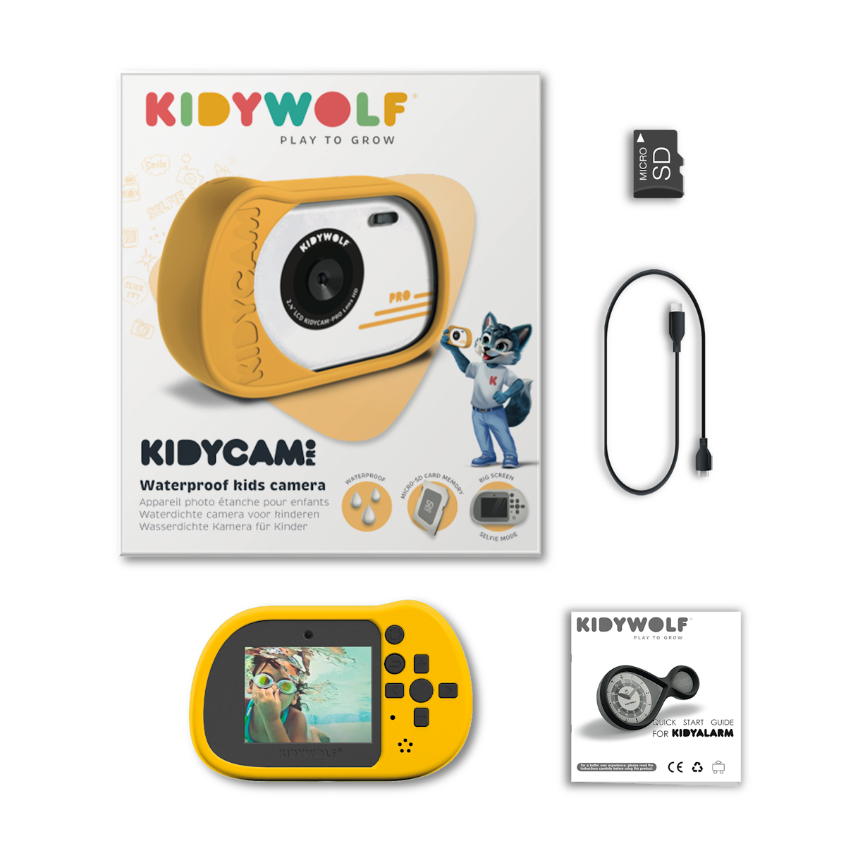 Package contents of a KIDYWOLF waterproof kids camera shown against a white background. Includes a yellow camera, Micro SD card, USB cable, and a quick start guide.