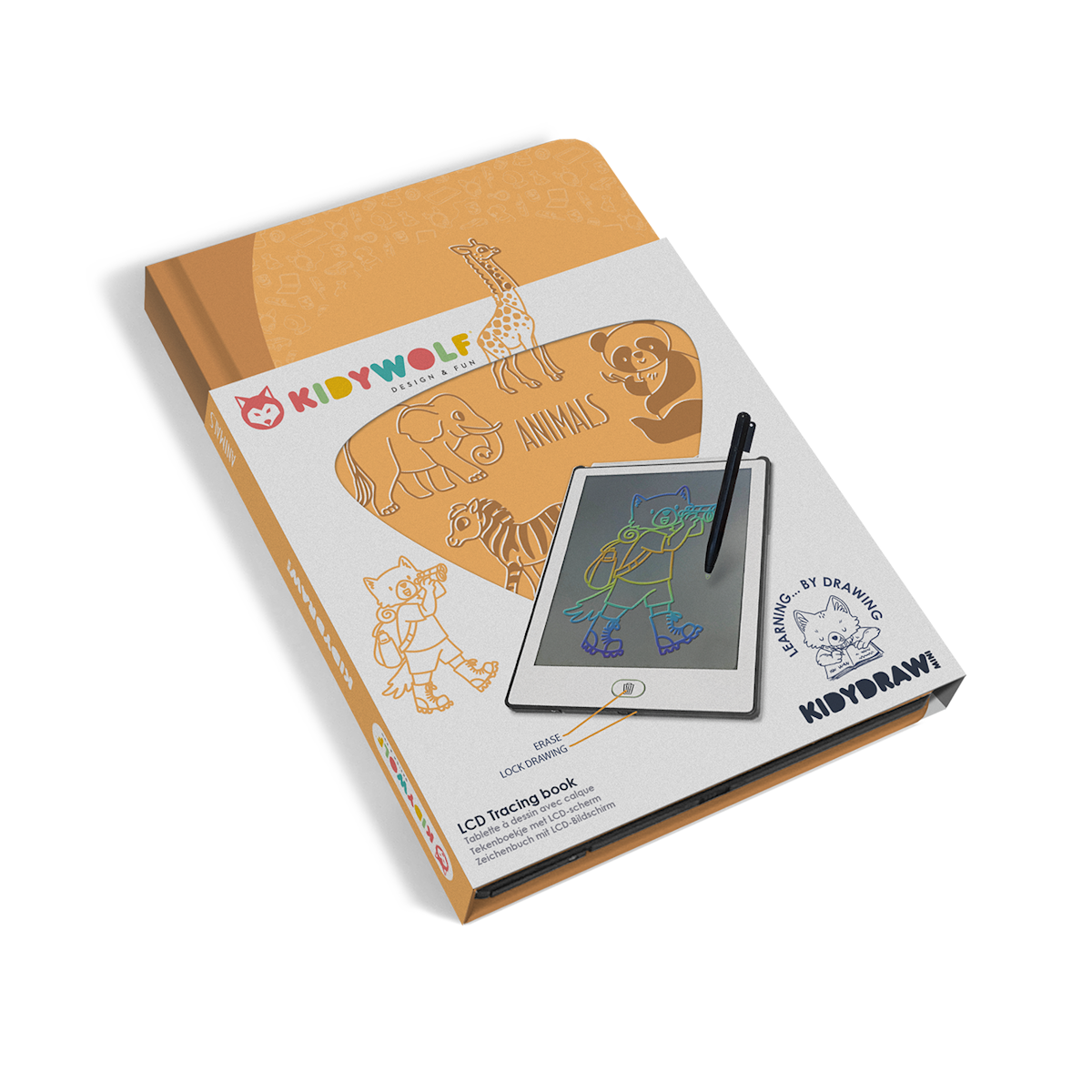 Packaging for a Kidywolf LCD tracing book features colorful drawings of animals and a digital tablet with a stylus, highlighting learning and creativity.