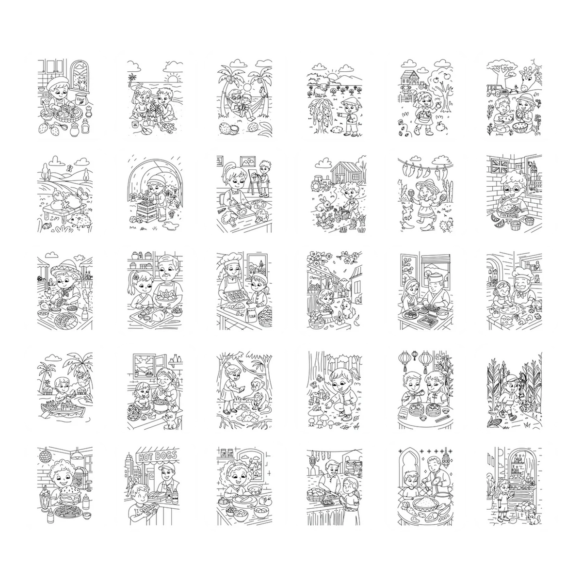 Grid of 30 line art cartoon illustrations showing children exploring and eating food around the world.