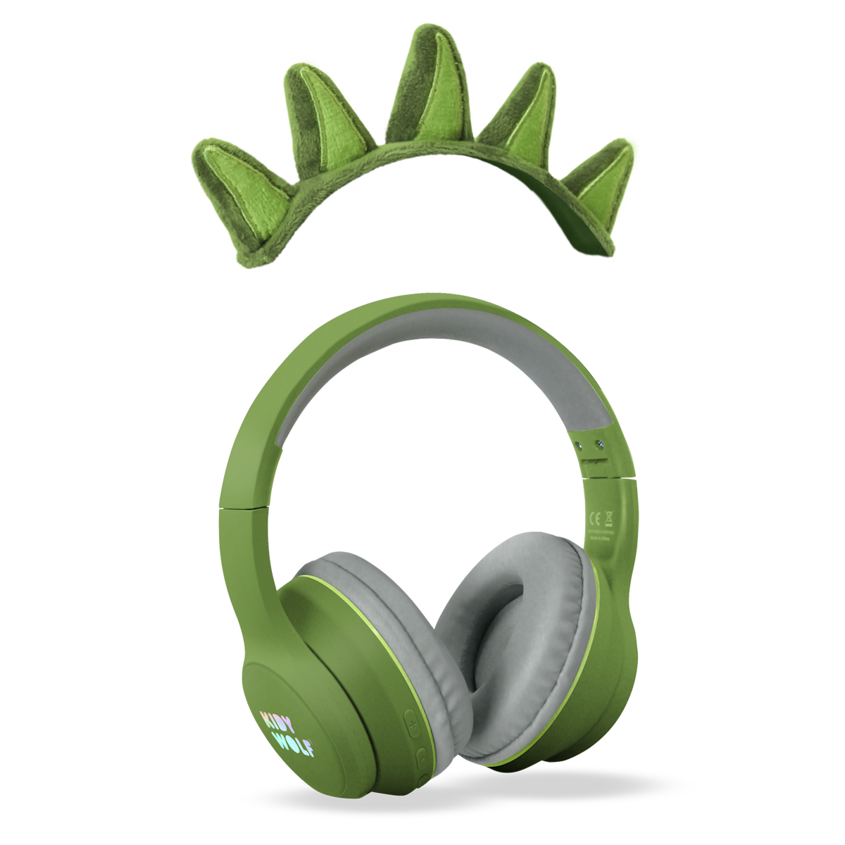 Green headphones with soft, gray ear cushions on a white background, featuring playful green dinosaur spikes on the headband, conveying a fun and quirky vibe.