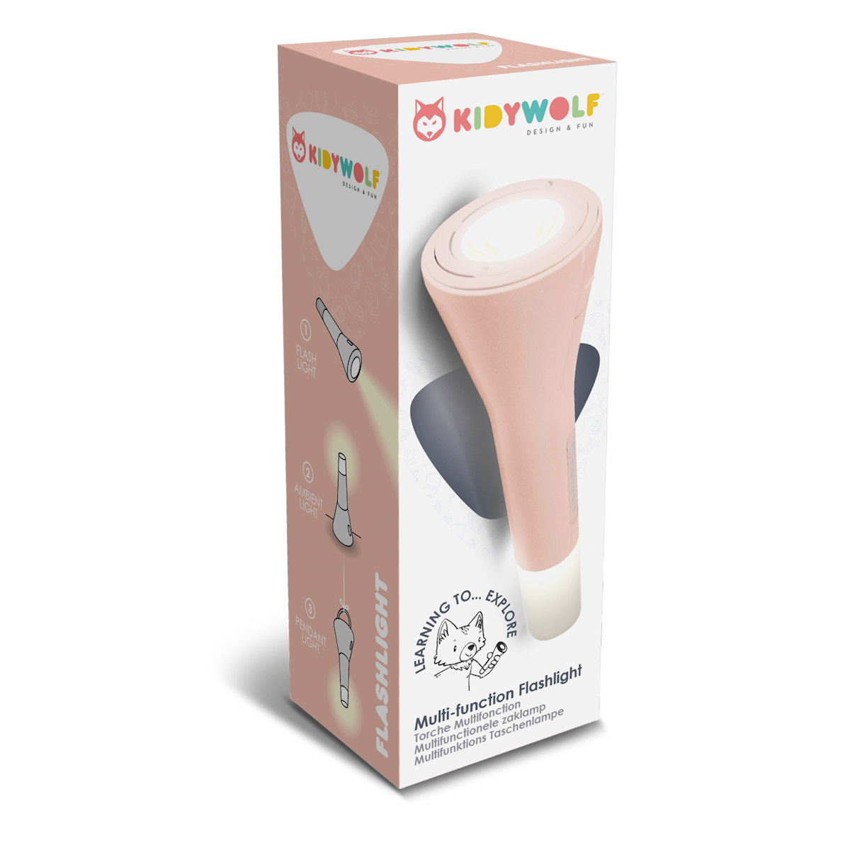 Packaging of a Kidywolf multi-function flashlight with a fox logo. Features include flashlight, ambient light, and pendant light. Sleek, modern design.