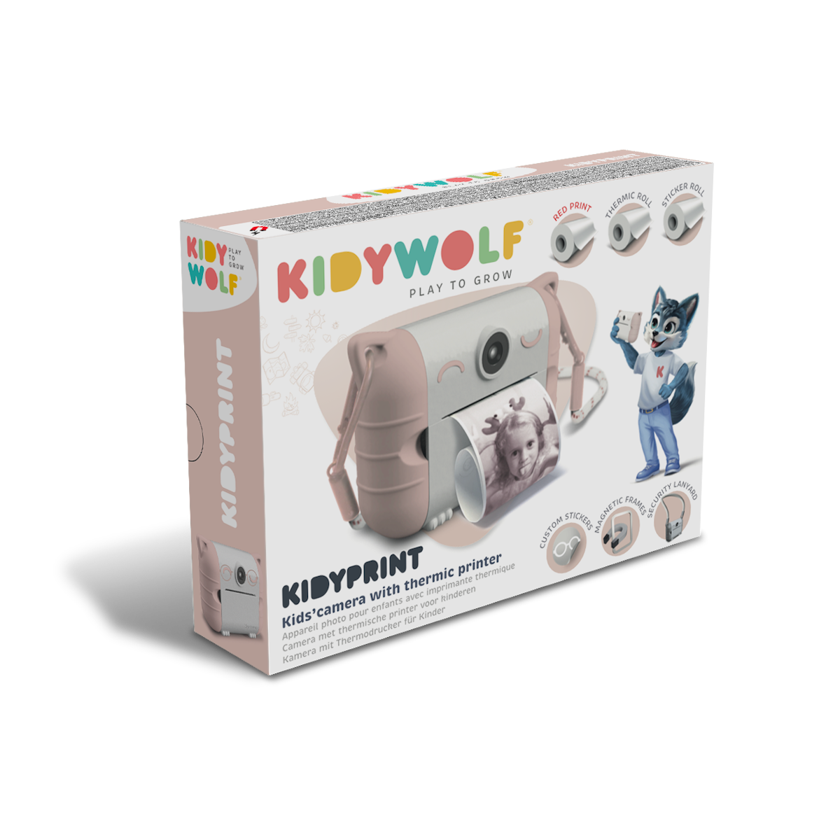 Box for a Kidywolf children's camera with a thermal printer. Includes an image of the camera, printout examples, and a cartoon wolf mascot. Playful design.